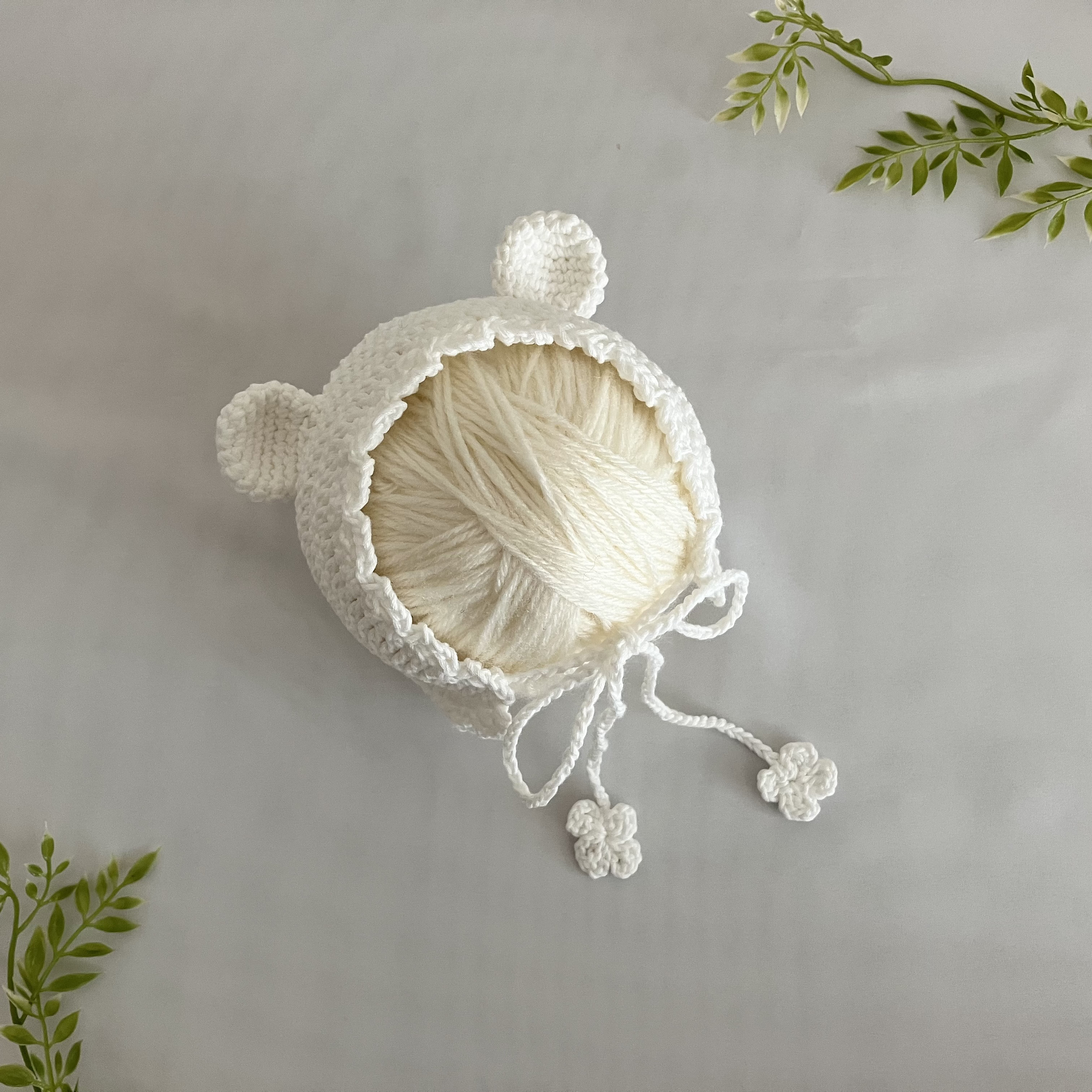 コットン100%☆くまみみベビーボンネット 新生児～2歳サイズ 手編み