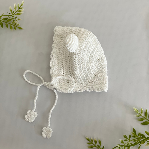 コットン100%☆くまみみベビーボンネット 新生児～2歳サイズ 手編み