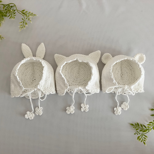 新品未使用】BABY ねこみみボンネット 黒 オフ白 春夏糸追加！ ベビー