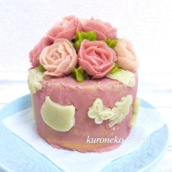 さつま芋のお花の台湾かすてらのケーキ/ピンク/グルテンフリー/無添加/フラワーケーキ/デコレーションケーキ/誕生日/猫 3枚目の画像