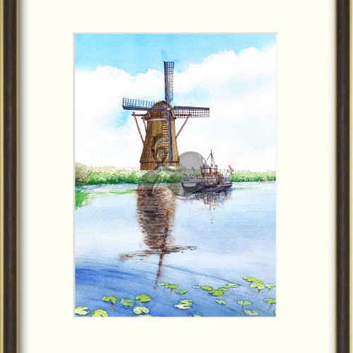 オランダ キンデルダイク 風車の風景 水彩画 絵画 浜野 和孝