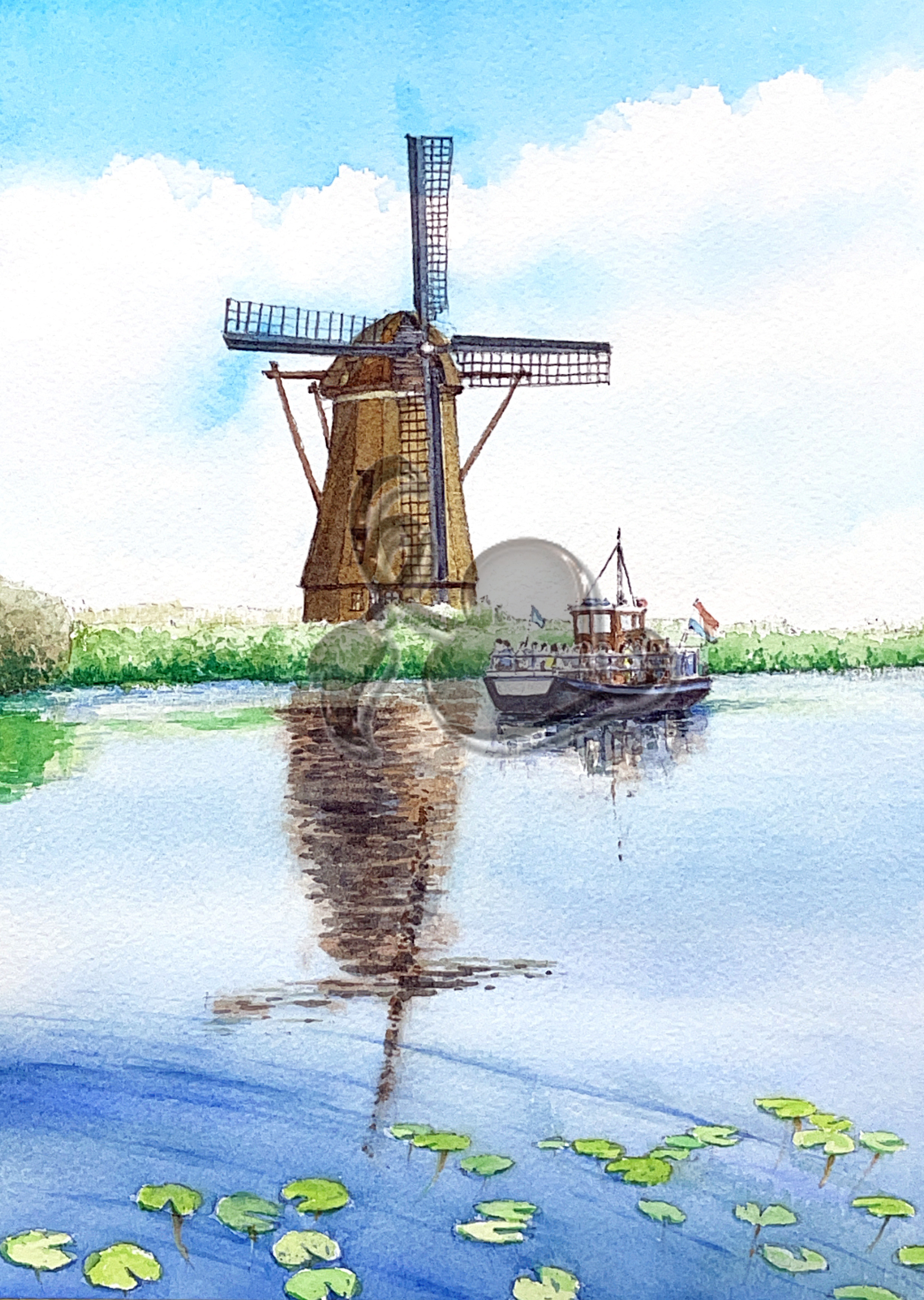 くつろぎカフェタイム 【096】水彩(葦ペン画) 原画「オランダ、ハーレムの風車」 通販