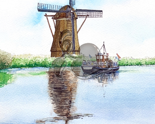 オランダ キンデルダイク 風車の風景 水彩画 絵画 浜野 和孝 オランダ キンデルダイク 風車の風景 水彩画 絵画 浜野 和孝