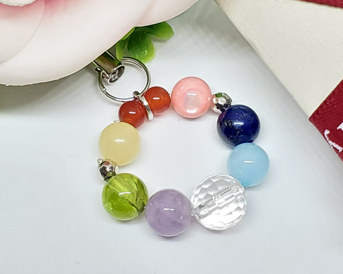 天然石 水晶 ストラップ 七色 虹色 キーホルダー チャーム イヤホン