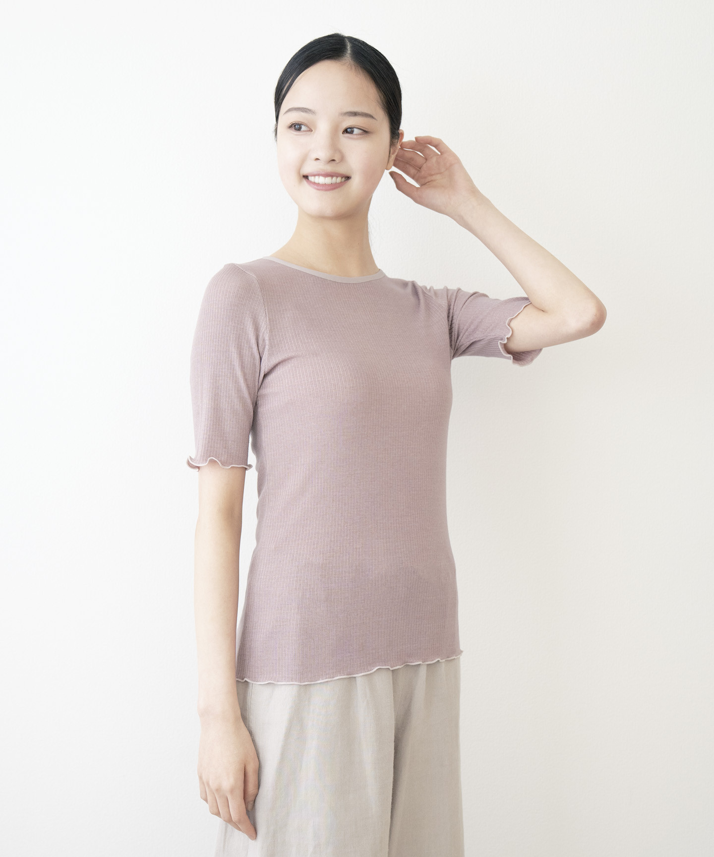 【洗える/柔らかマシュマロ素材/草木染め】カシミヤシルクリブ　半袖インナートップス　ラックダイ