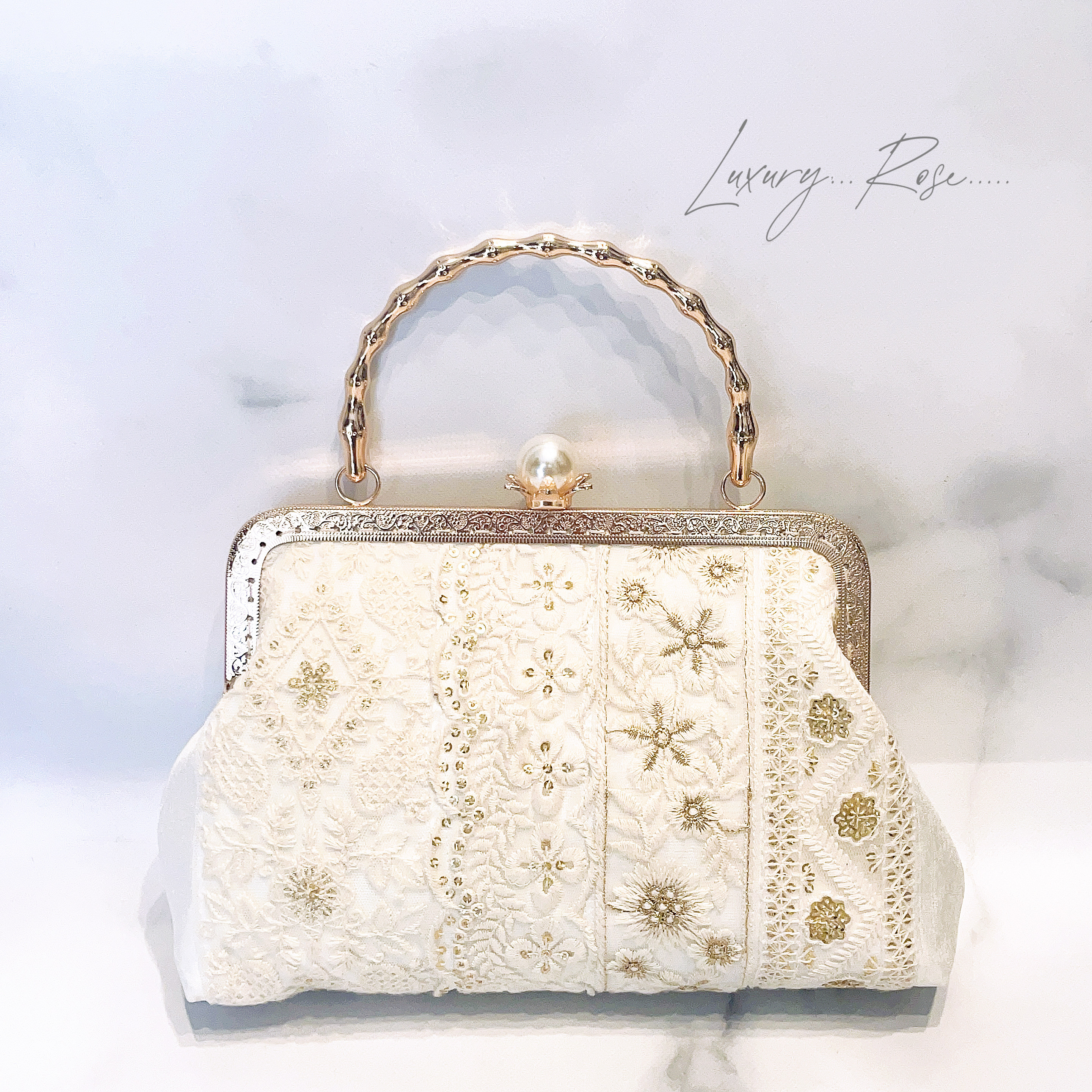 インド／ザリ刺繍 レディース ハンドバッグ 装飾起こし がま口