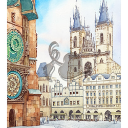 チェコ　プラハ　旧市街広場　ティーン教会と天文時計 1枚目の画像