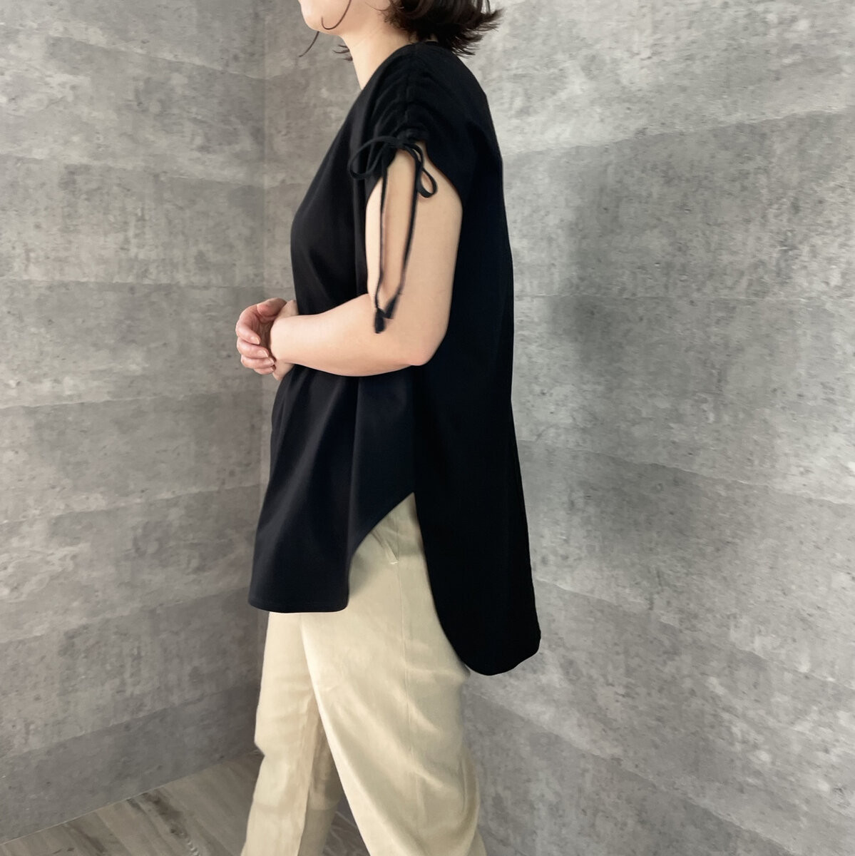 ■お洒落♡さらりと気持ちいい細見えコットンTシャツ M~LL【F】黒 KMC-516 386010