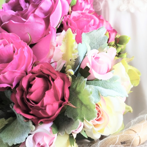 ウエディングブーケ(濃いピンクバラ)ブートニア込み 世界で1つ貴女