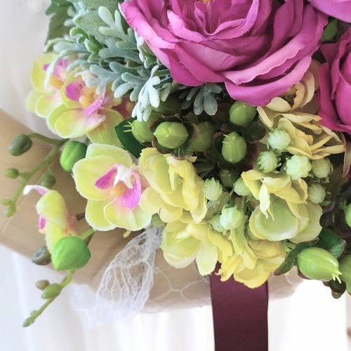 ウエディングブーケ(濃いピンクバラ)ブートニア込み 世界で1つ貴女