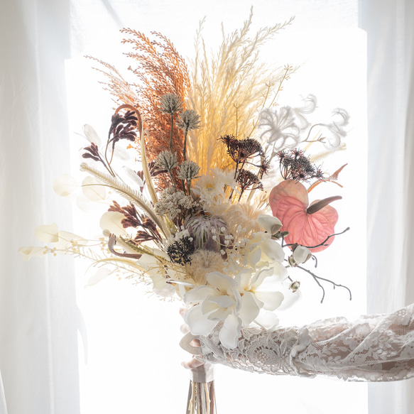 ドライフラワー風ブライダルブーケ】パンパスグラス・ハクモクレン（白  