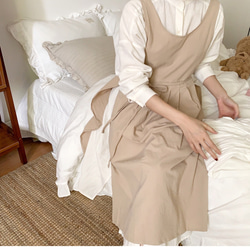 ベージュ　綿　フレンチスタイル　ワンピース　レディースエプロン　 4枚目の画像