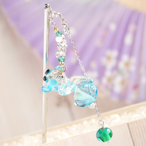 ガラス細工]ガラスの金魚〈あめきんぎょ〉かんざし＊みずいろ バーナー 