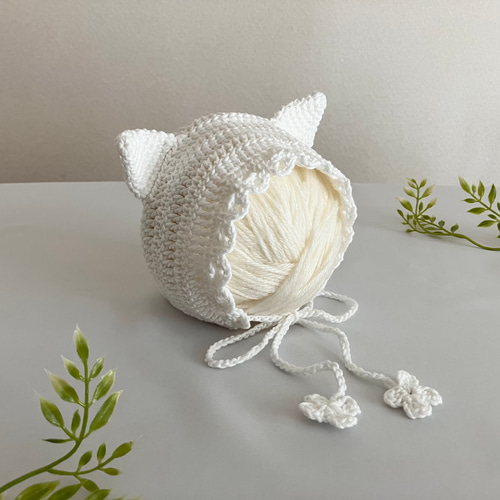 コットン100%☆ねこみみベビーボンネット 新生児～2歳サイズ 手編み