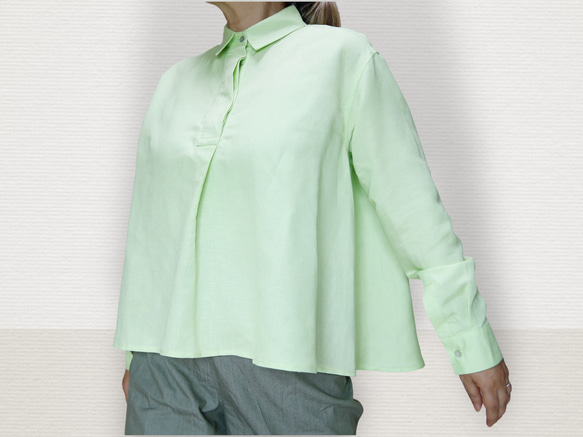 フロントタックシャツ ライトグリーン やわらかリネン きちんと見えのリラックスシルエット 1枚目の画像