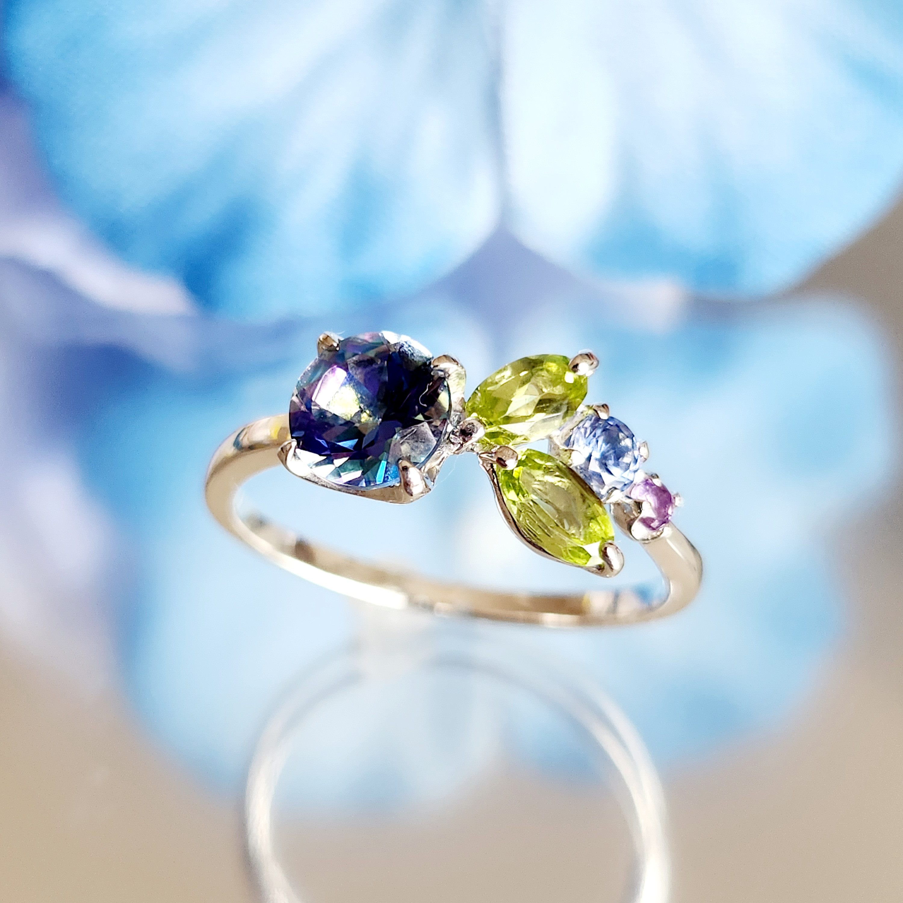 新作◇紫陽花＊ミスティックトパーズ＊アメジスト＊タンザナイト＊ぺリドットH-219