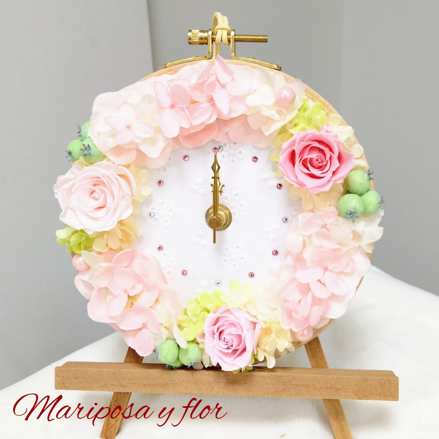 ♡PINK!PINK!PINK花時計♡　刺繍枠リース型