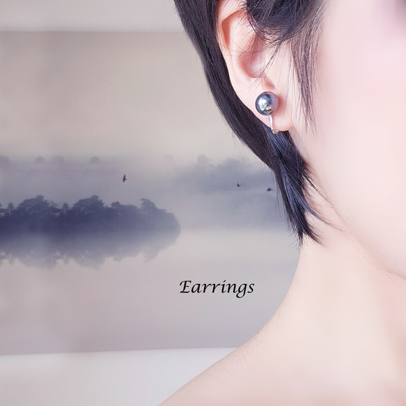 大粒★極上の照り、ピーコックブラック貝パール10mmのスタッドピアス・イヤリング可　～黒揚羽 4枚目の画像