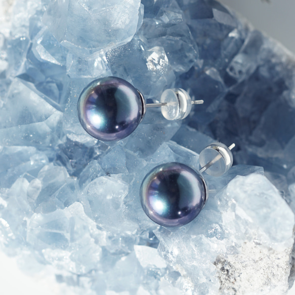 大粒★極上の照り、ピーコックブラック貝パール10mmのスタッドピアス・イヤリング可　～黒揚羽 8枚目の画像