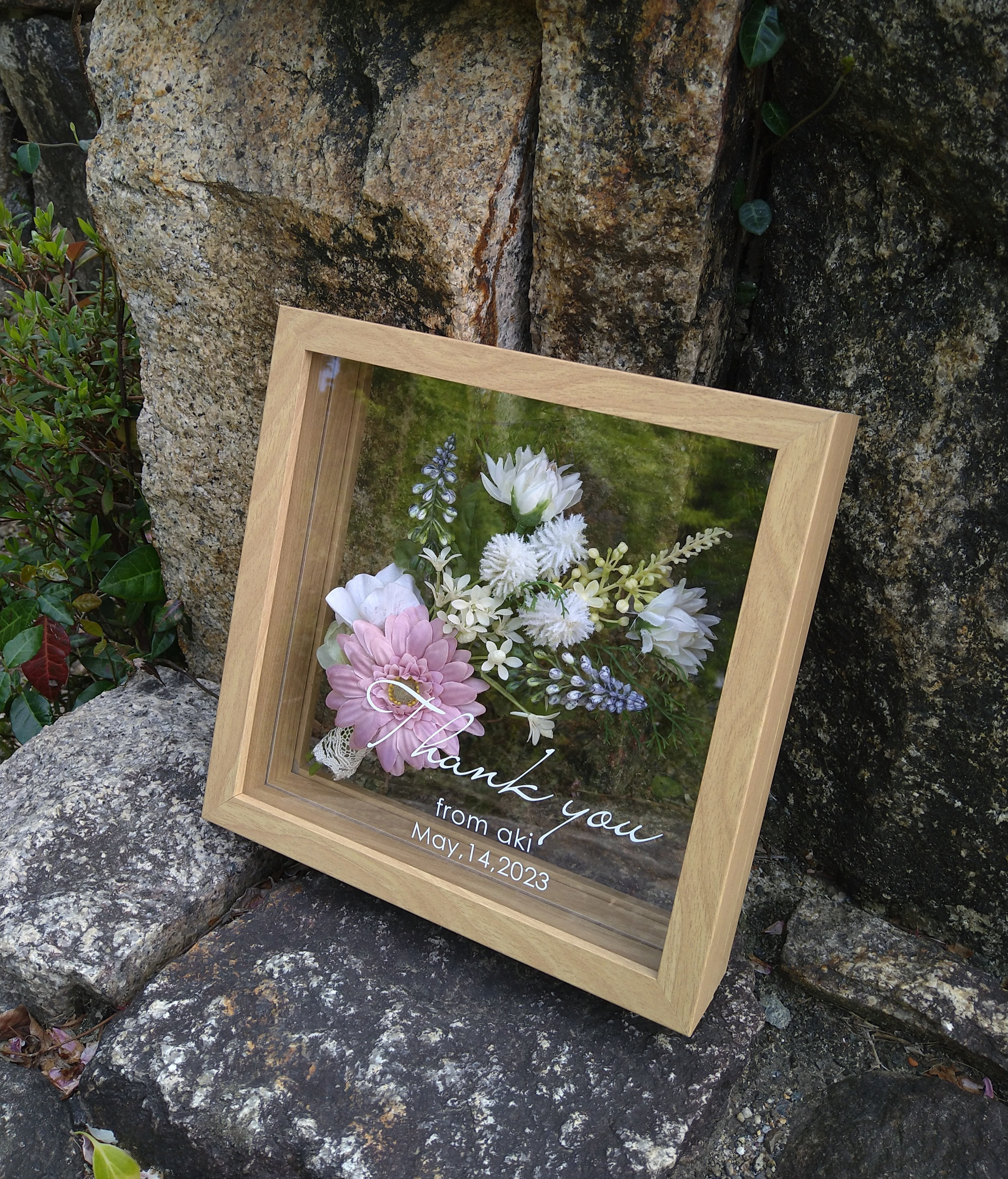 フラワーブーケのクリアーボックス（ピンク＆ナチュラル)  結婚祝 贈呈品 子育て感謝状 フラワーギフト