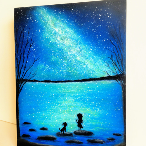 天の川と蛍 夜空 水彩画 原画 （夜空 天の川 銀河 満天の星空に