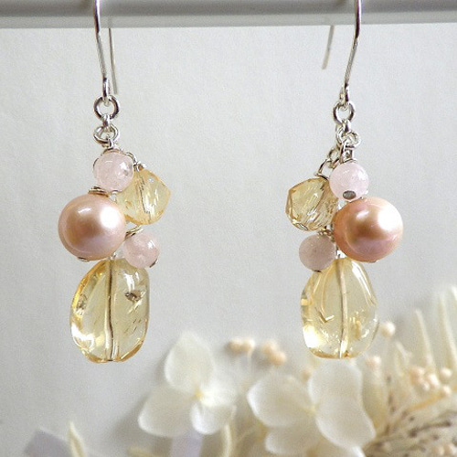 シトリン＆淡水パール ピアス・イヤリング ピアス（フック・チェーン 