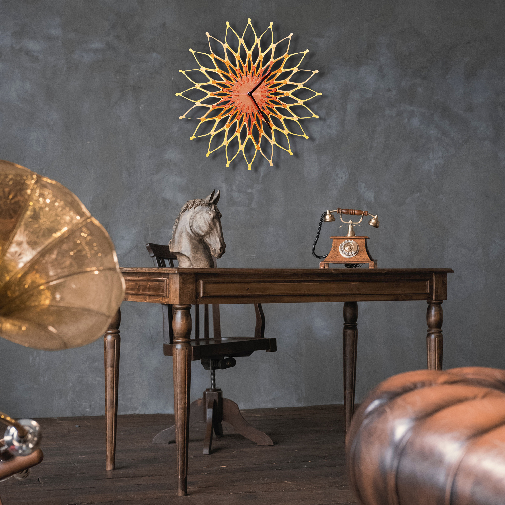 Fireworks II - 銅/ゴールドの大きな木製サンバースト掛け時計