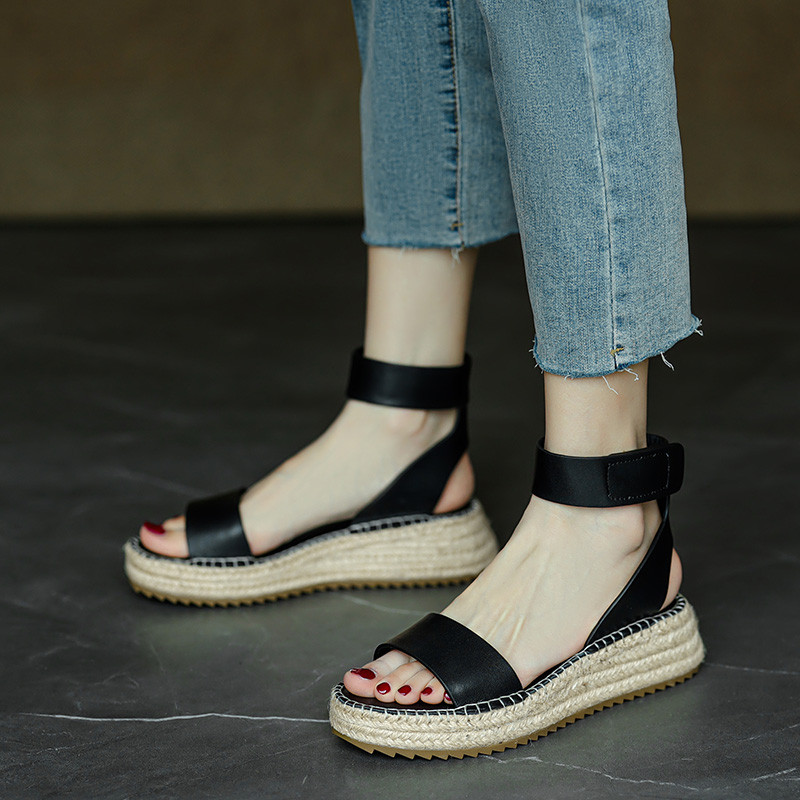 フランス風 わら編み 手作り ウェッジソール 革靴 サンダル レディース 厚底 春夏 滑りにくい 痛くない シューズ