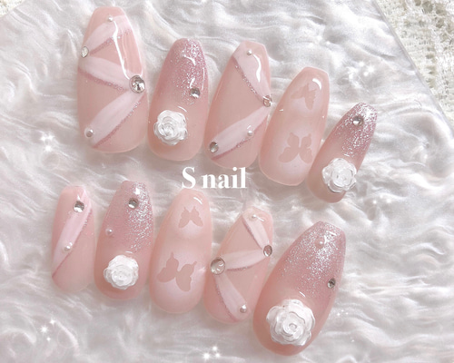 ネイルチップ フレンチガーリー ホロフラワー リボン 薔薇 ネイルチップ くすみカラー フレンチガーリー ワンホン 量産型