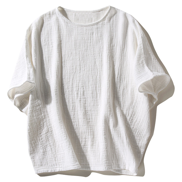 綿麻Tシャツ　ゆとりTシャツ　丸襟半袖Tシャツ　フリーサイズ　ホワイトL190 1枚目の画像