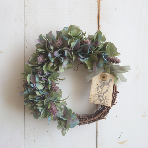 あじさいのハーフリース アンティークグリーン アートフラワー ERBA  