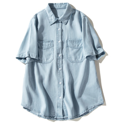 テンセルデニムシャツ　半袖デニムシャツ　柔らかい水洗いデニム　ライトブルー　M-XLサイズL188 1枚目の画像