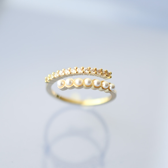 pearl&cz double line free ring 第2張的照片