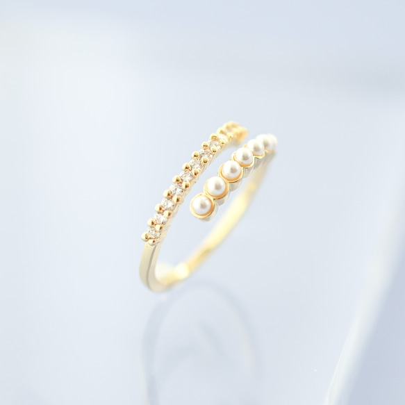 pearl&cz double line free ring 第4張的照片