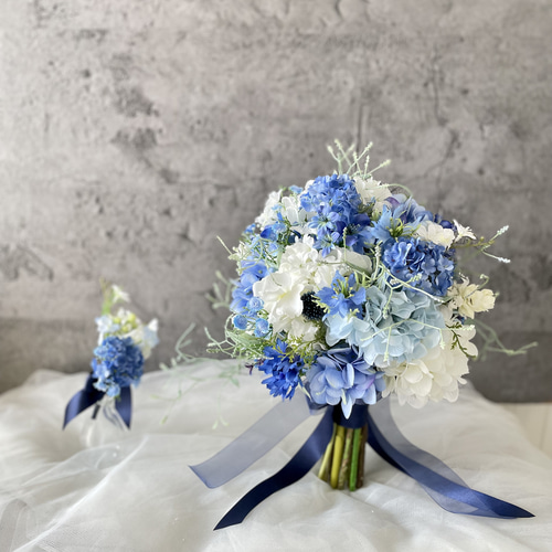 爽やか紫陽花ブーケ ウェディングブーケ ブートニアセット 爽やか紫陽花ブーケ ウェディングブーケ ブートニアセット