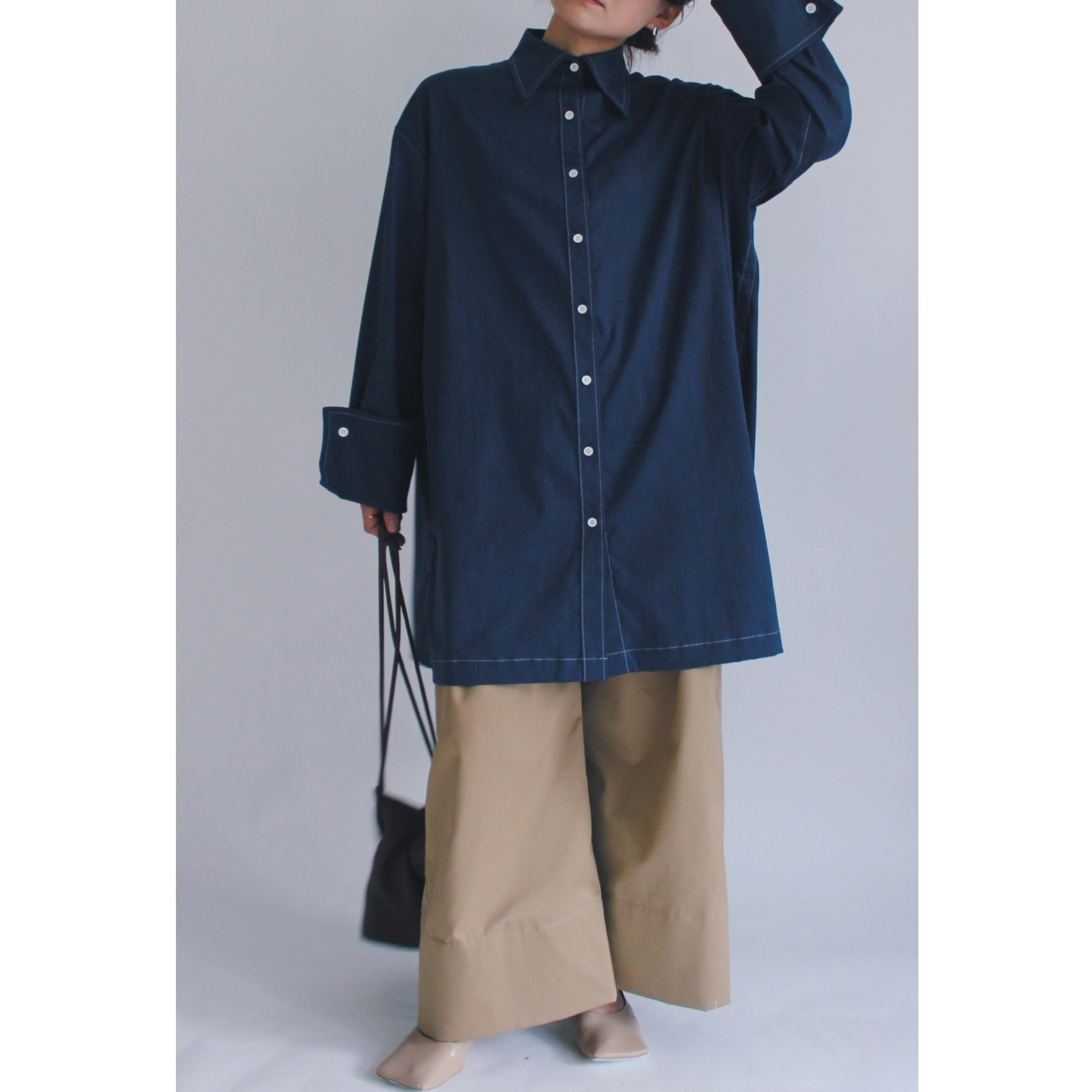 オーバーサイズシャツ【Bicolor stitch blouse】Navy