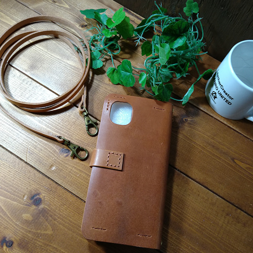 ITALIA産チョコ 高級ショルダー本革スマホケース❤ハンドメイド✿iPhone ITALIA産チョコ本革 高級ショルダー本革スマホケース＆本革紐