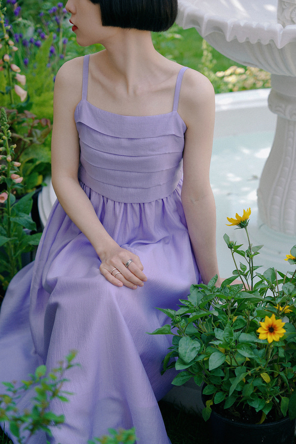 甜心香芋紫 可調節夏日細肩帶洋裝 後背高彈力鬆緊氛圍感連身裙 第1張的照片