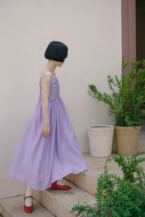 甜心香芋紫 可調節夏日細肩帶洋裝 後背高彈力鬆緊氛圍感連身裙 第10張的照片