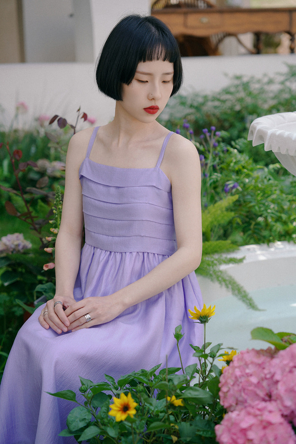 甜心香芋紫 可調節夏日細肩帶洋裝 後背高彈力鬆緊氛圍感連身裙 第17張的照片
