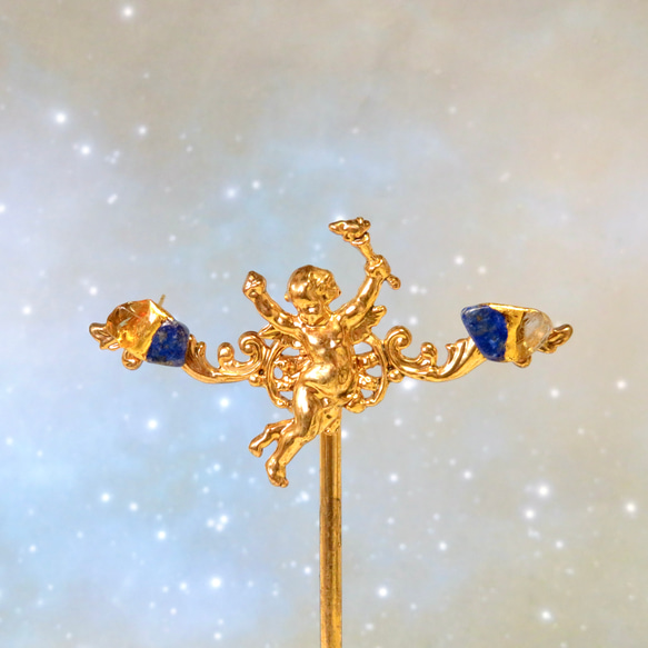 星空のひかり＊Lapis lazuli×Rutile quartz×Citrine＊金継ぎピアス／S〜M size 5枚目の画像