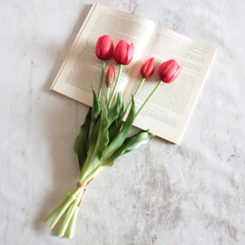 リアル造花5本ブーケ】春のチューリップ5本ブーケ【ダークレッド