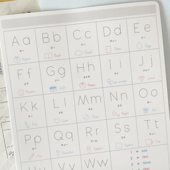 下敷き・アルファベット表 B5サイズ 学校のノートにぴったり （オリジナル 英語 入園 入学 視覚支援 ふりがな） 2枚目の画像