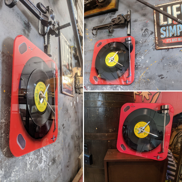 アメリカン雑貨  レコードプレーヤー（RED） レコード盤 ウォールクロック  #掛け時計  #置き時計  レコード好き 2枚目の画像