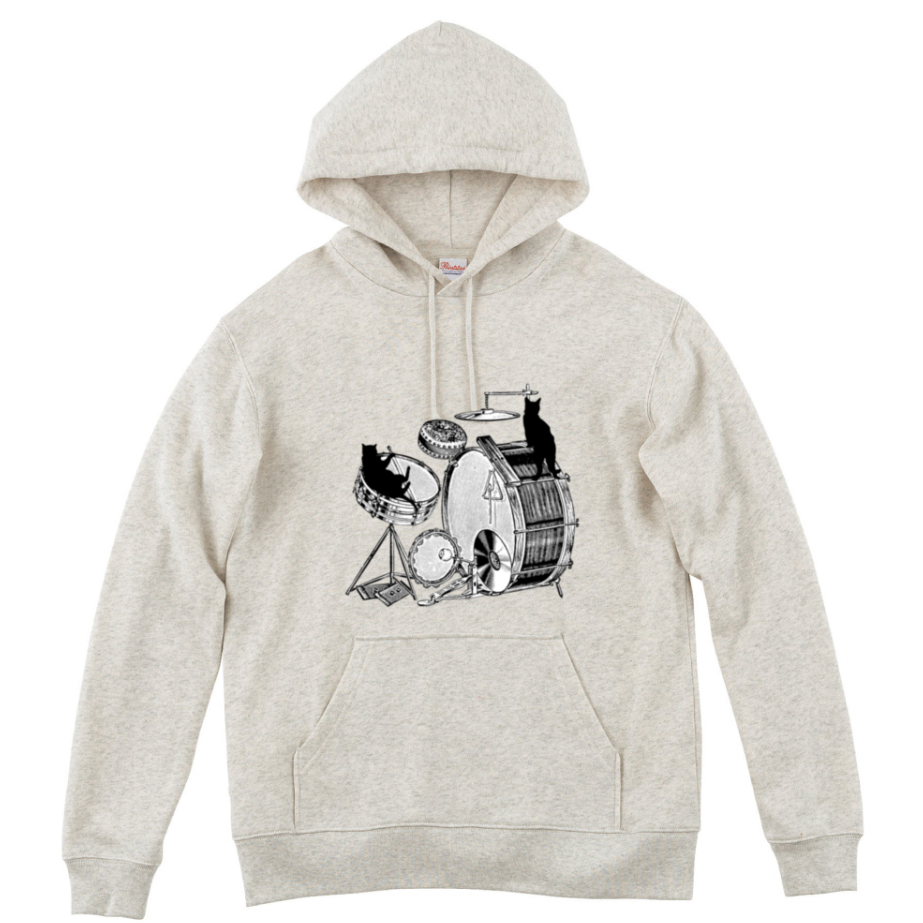 ドラムと黒猫のパーカー
