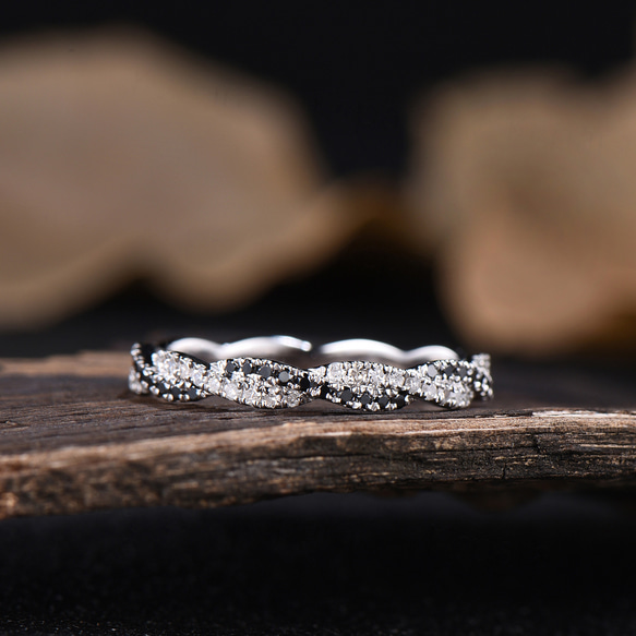 ユニークなナチュラルブラックスピネルモアッサナイト結婚指輪ミニマリストリングツイストフルエタニティリングジュエリーギフト 2枚目の画像