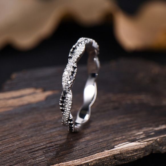 ユニークなナチュラルブラックスピネルモアッサナイト結婚指輪ミニマリストリングツイストフルエタニティリングジュエリーギフト 1枚目の画像