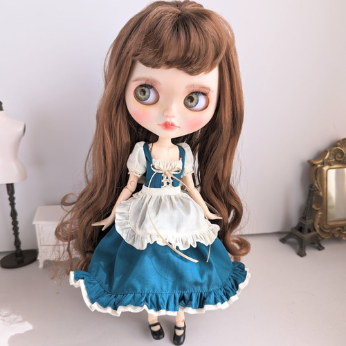 870【ブライス ワンピース】ターコイズブルーのディアンドル風