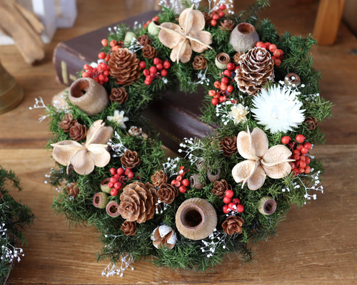 来年も楽しめる・:*ちいさなクリスマスリース赤 / 木の実リース