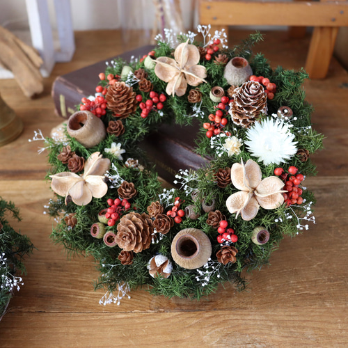 来年も楽しめる・:*ちいさなクリスマスリース赤 / 木の実リース
